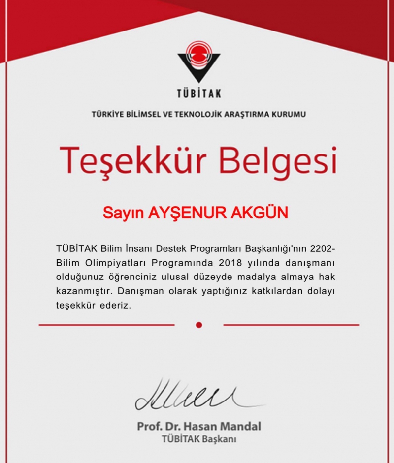 TÜBİTAK’TAN ÖĞRETMENİMİZE TEŞEKKÜR BELGESİ